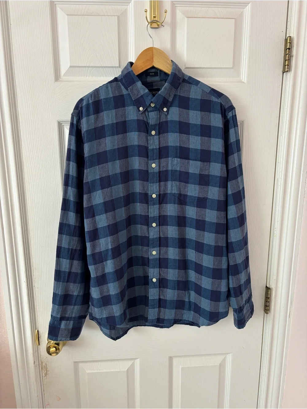 J.Crew Slim Fit Blue Buffalo Plaid Linen Blend Button Down Shirt Men’s L